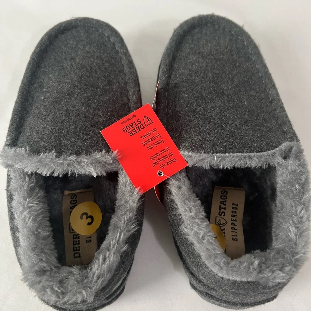 Deer Stags Gray Kids Moccasin Slippers with Plush Lining,‎ Size3, NWT